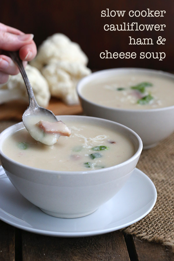 Slow cooker ham and cheese cauliflower soup