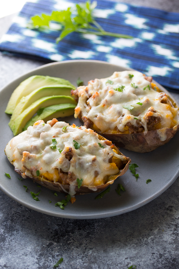 Twice baked sweet potatoes with sausage and pepper jack